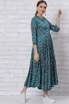 Green Flared Printed Dress image number 0